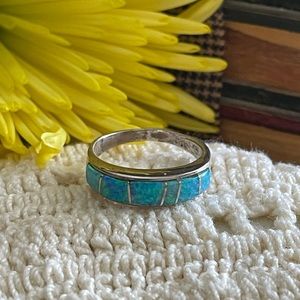 Navajo Artist Calvin Begay Fire and Ice Sterling Silver Opal Inlay Ring size 8